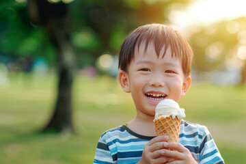 Happy smiling asian little boy holding delicious ice cream in the park. Summer vacation concept, summer time