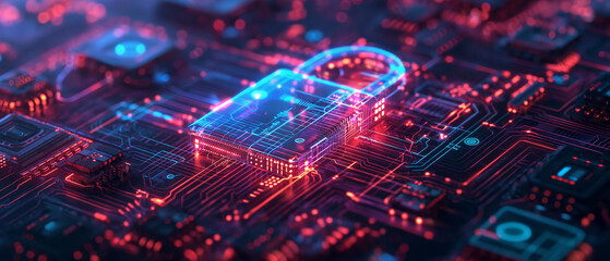 futuristic digital padlock surrounded by glowing holographic technology