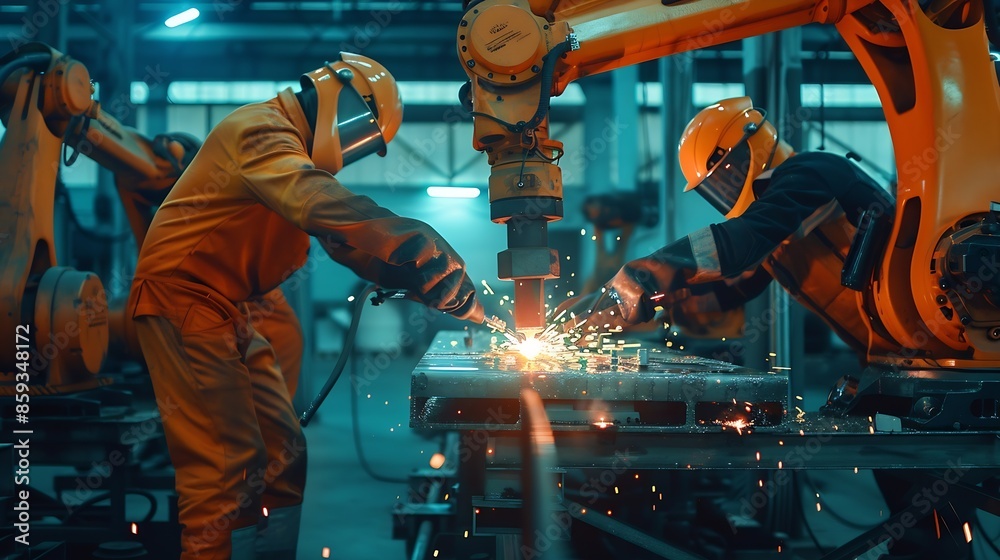 Poster Engineer team service robot welding working in automation factory People worker in safety suit work robotic arm software programming or replacing part in automated manufacturing indust : Generative AI