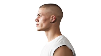 Portrait of confident bald man wearing white shirt, side view, isolated on transparent background