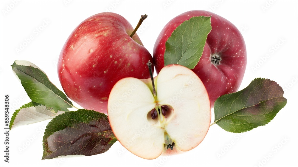 Aufkleber red apple with leaves and halves isolated on white background cut out : generative ai