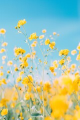  field of blooming yellow flowers under a clear sky, bright, cheerful, natural, vibrant yellows, soft greens, clear blue sky