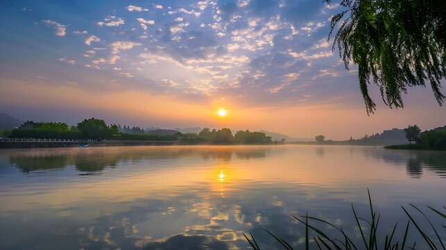 Cloudy sunrise over Daming Lake in the old town of Jinan Shandong Province in summer : Generative AI