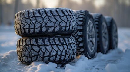 A collection of four rugged winter tires placed on a snowy terrain, showcasing their grip and tread pattern suitable for harsh winter conditions.