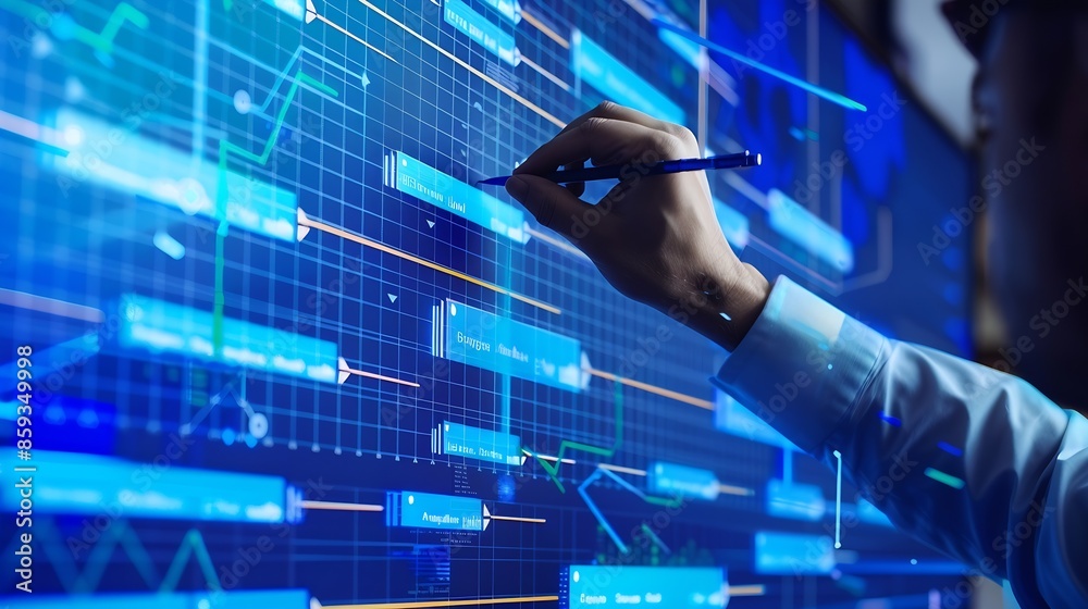Poster Manager working with Gantt chart schedule for plan tasks and progress Corporate strategy for construction operations sales todo list and marketing Project management planning software  : Generative AI
