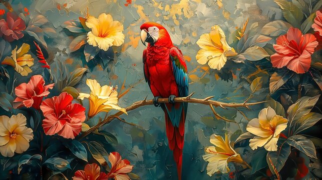 A Colorful Parrot with Exotic Flowers and Lush Foliage in Expressionist Style