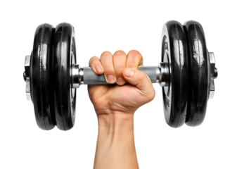 Hand holding a black dumbbell, cut out