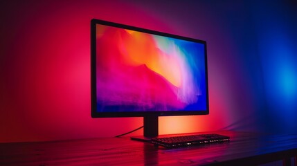Computer Monitor with Abstract Background in a Room with Red and Blue Lighting