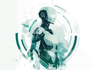 Futuristic Psychedelic Digital Illustration of a Humanoid Robot with Abstract Geometric and Tech Elements in Green and White Tones