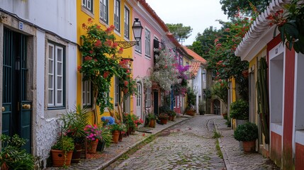 Obraz premium A charming street in a historic town with colorful buildings