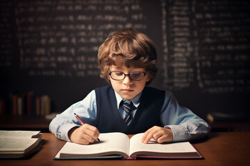 Boy in glasses writing in front of a blackboard. Generative AI