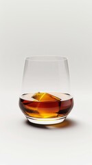 Whiskey glass with ice cube on white background, studio shot. Beverage and relaxation concept
