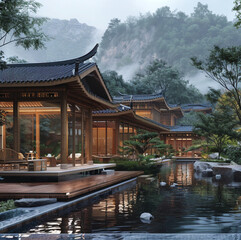 Fototapeta premium a traditional Chinese style wooden small house with a view of nature, mountains, and streams.