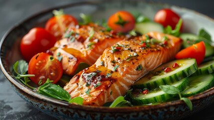 Grilled salmon fillets with fresh vegetables, close-up view. Healthy eating and gourmet concept