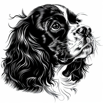 recommend clip art: A black and white drawing of a cavalier king charles spaniel dog