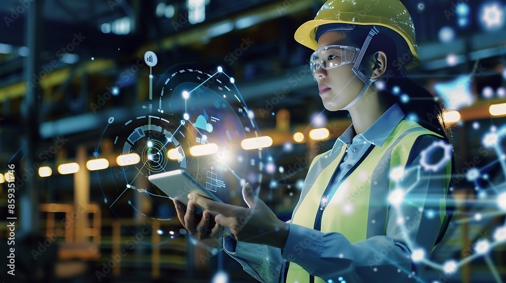 Aufkleber a woman engineer is wearing a protective helmet on her head using tablet Analytics engineering data : Generative AI
