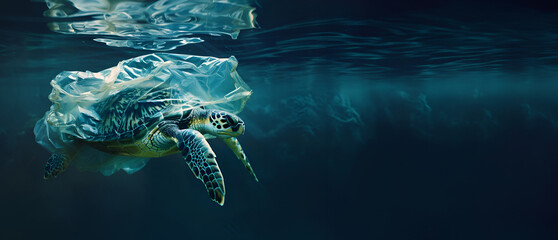 Sea turtle entangled in plastic underwater