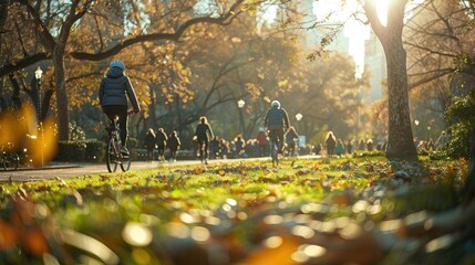 A bustling city park with people jogging, cycling, and enjoying outdoor activities, capturing the vitality of urban life