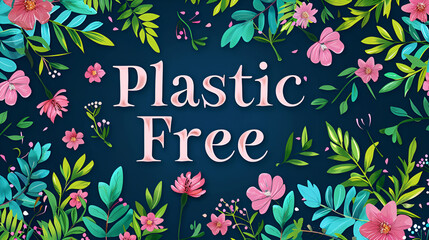 Plastic free sign with colorful floral decorations on dark background