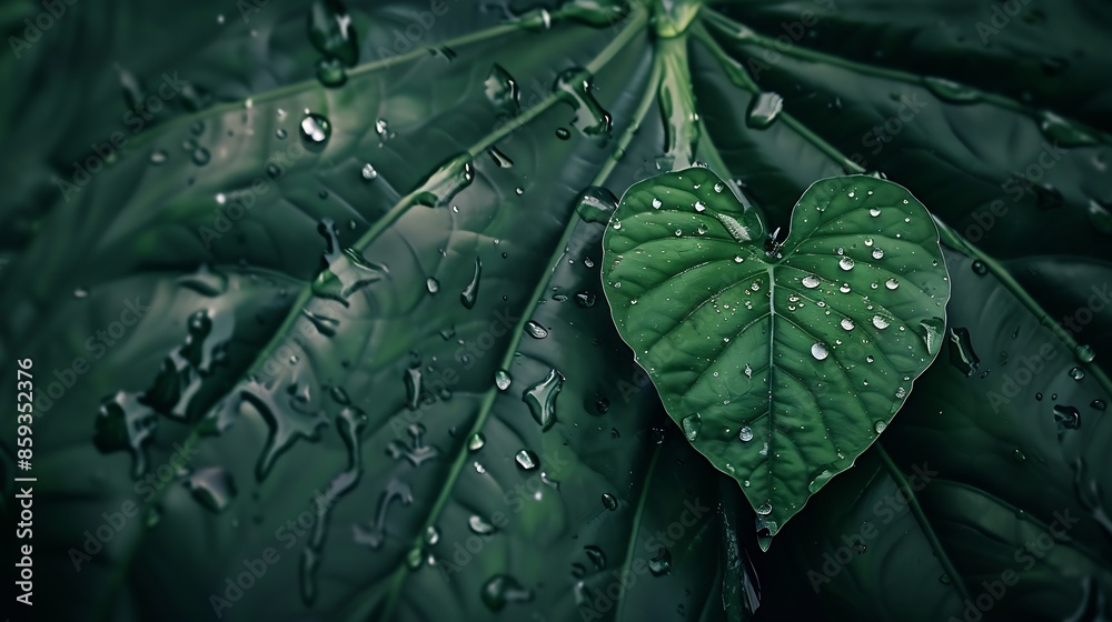 Aufkleber rain drops gathered on the centre of a heart shaped leaf water drops falling on taro leaf : generati
