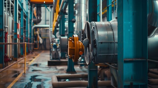 Industrial interior chiller and boiler HVAC heating ventilation air conditioning system and pipping line of industrial construction at boiler pump room system in the factory : Generative AI