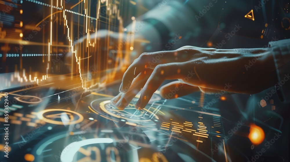Poster business person analysing growing virtual hologram of statistics graph and chart investment of growt