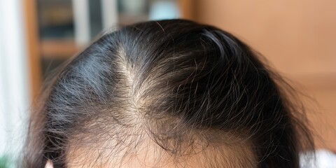 A close-up image of a woman's thinning hair with a center parting, highlighting both the texture of the hair and the prominent thinning areas.