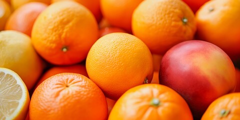 A vibrant collection of fresh citrus fruits including oranges and a lemon. This image highlights the freshness and vivid colors of these fruits.