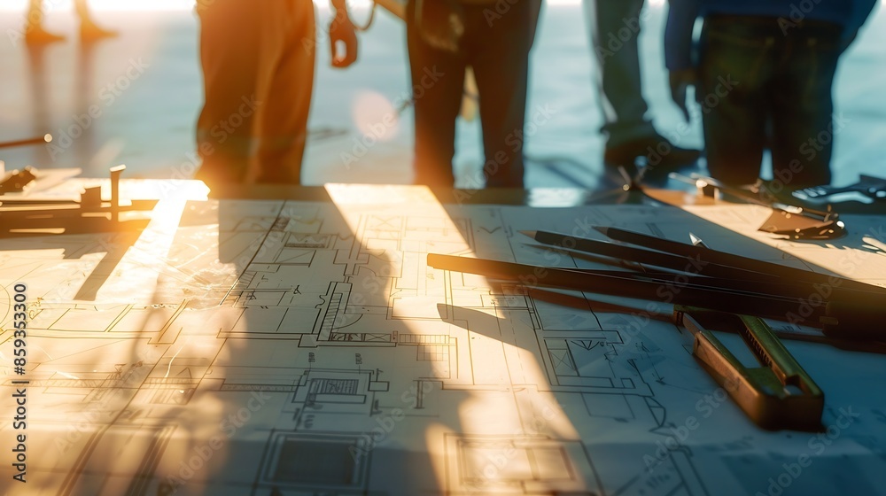 Leinwandbilder Construction concept and teamwork meeting structure The engineer or architect for the project works with partners and engineering tools to create workplace models and blueprints : Generative AI