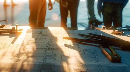 Construction concept and teamwork meeting structure The engineer or architect for the project works with partners and engineering tools to create workplace models and blueprints : Generative AI