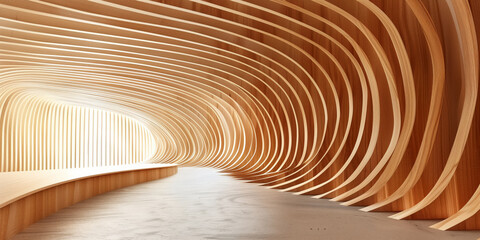 A geometric wooden curved line set against an abstract architectural background. The design is minimalist, modern, and sleek, featuring smooth, organic lines that flow seamlessly.