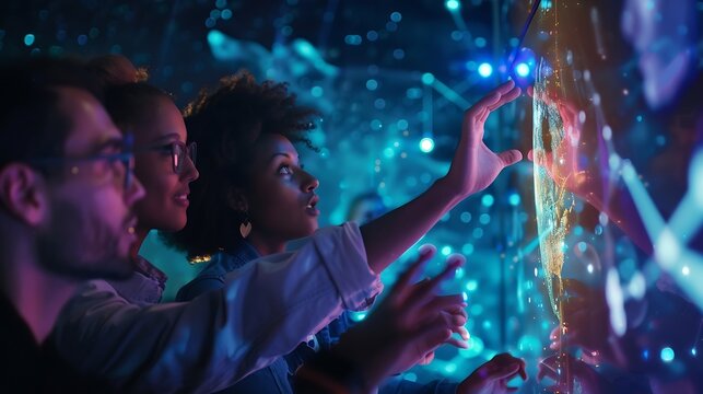 Group of multi racial people watching hologram display Global business Management strategy Science technology Sustainable development goals SDGs : Generative AI