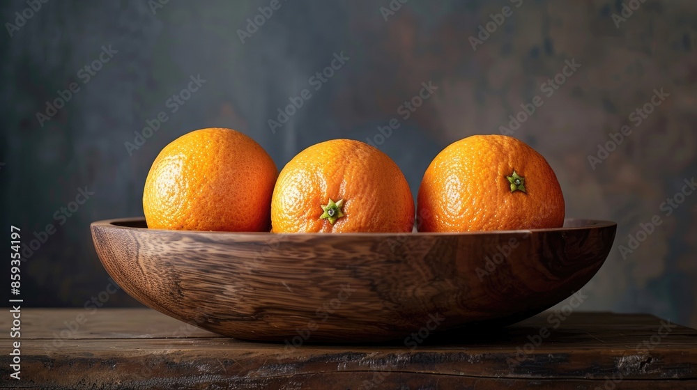 Poster Three oranges displayed on wooden bowl against dark background