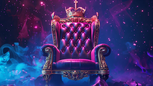 Dazzling crown on a throne, Glowing crown, King, Ruler, Copy space,Space for text,Generative AI,王座の上に眩い王冠、光り輝く王冠、キング、支配者Generative AI