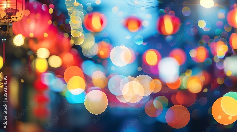 Poster The lights of the night city Blurred background Lanterns on the street big city lights in the twilight evening with blurring Colorful circles of light abstract circular bokeh on blue h : Generative AI