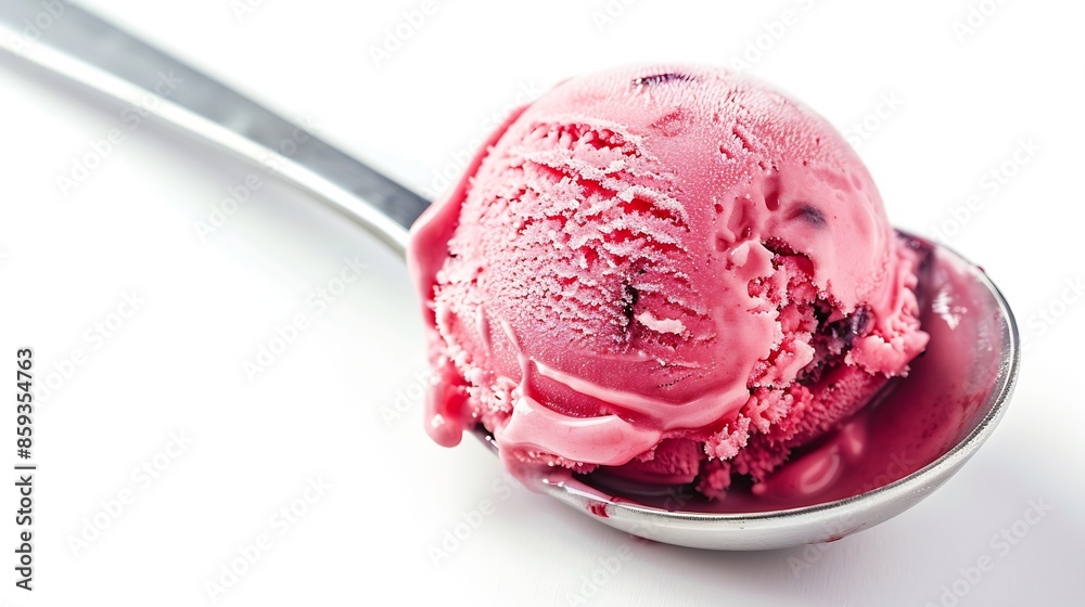 Poster scoop of cherry or strawberry ice cream isolated on white background macro : generative ai