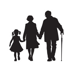 grandparents walking with granddaughter vector silhouette Illustration 