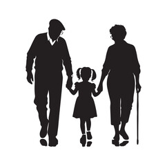 grandparents walking with granddaughter vector silhouette Illustration 