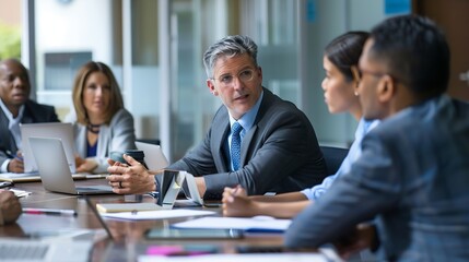 Male caucasian executive ceo businessman leader with diverse partners team managers group at meeting Multicultural professional businesspeople working together on business sales plan i : Generative AI