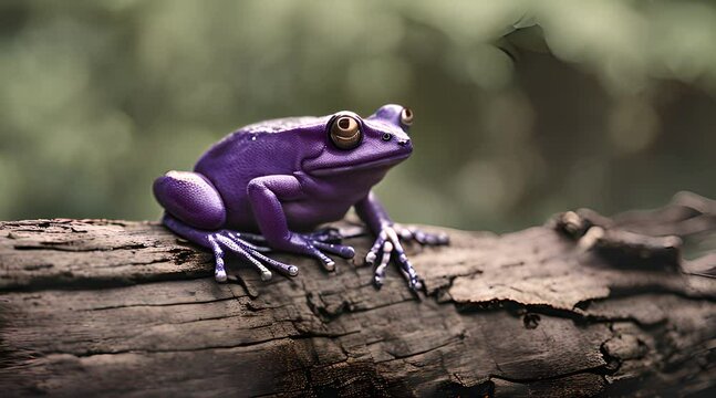 Closeup of a Purple Frog sitting on a log, muted colors, cinematic contour lighting, low contrast ProLog, award-winning composition, chromatic aberration