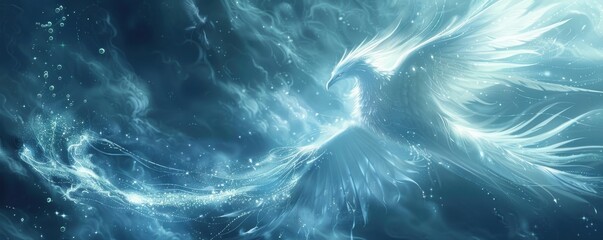 Ethereal phoenix soars through luminous bubbles, vibrant wings leaving trails of sparkling light.