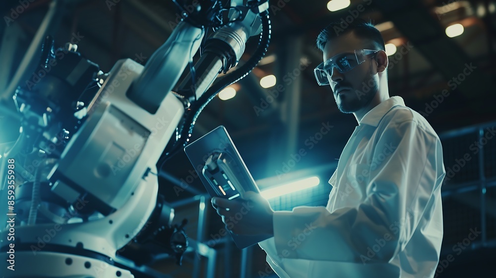 Poster young engineer with tablet pc examining robotic arm in industry : generative ai