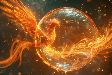 Phoenix perched on a giant bubble over a serene lake, its fiery plumage mirrored in the bubble.