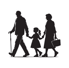 grandparents walking with granddaughter vector silhouette Illustration 