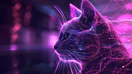 Digital Cat Portrait in Purple and Pink Hues