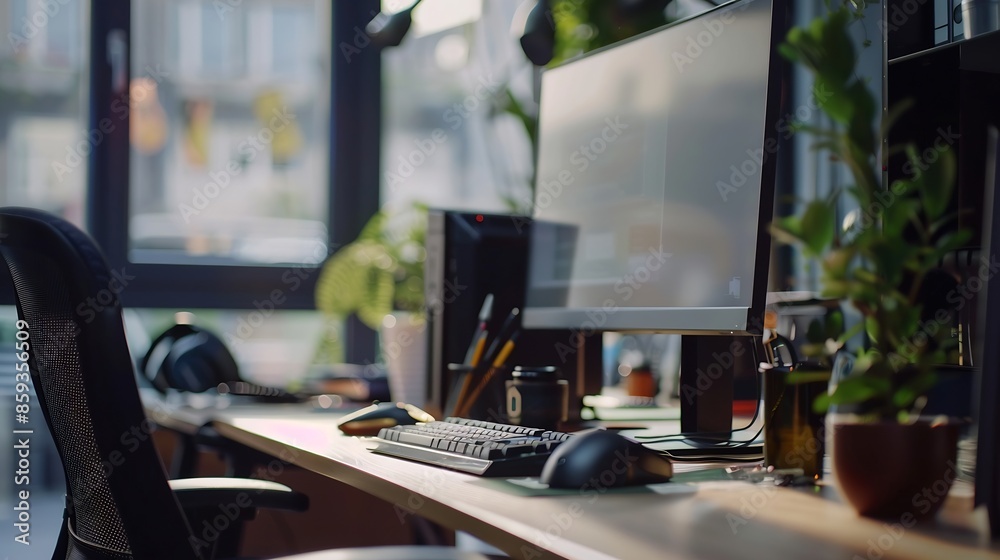 Poster Business professional working with computer on their desks in the office : Generative AI
