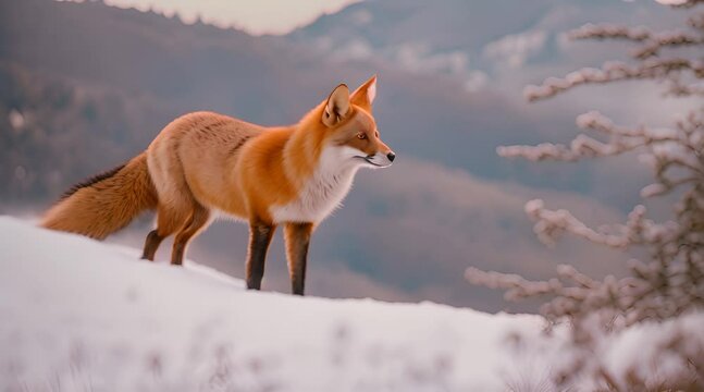 Closeup of a Red Fox standing on a snowy hill, muted colors, cinematic contour lighting, low contrast ProLog, award-winning composition, chromatic aberration