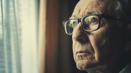 Obraz premium Pensive elderly mature senior man in eyeglasses looking in distance out of window thinking of personal problems Lost in thoughts elderly middle aged grandfather suffering from loneline : Generative AI
