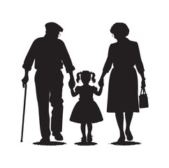 grandparents walking with granddaughter vector silhouette Illustration 