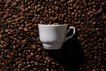 Coffee cup on coffee beans